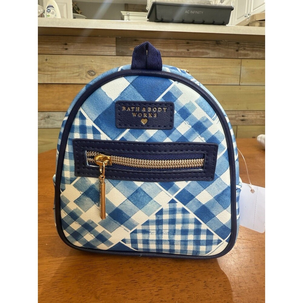 Bath & Body Works Blue Gingham Mini Backpack Cosmetic Bag Gold 6" x 6" x 2.5"